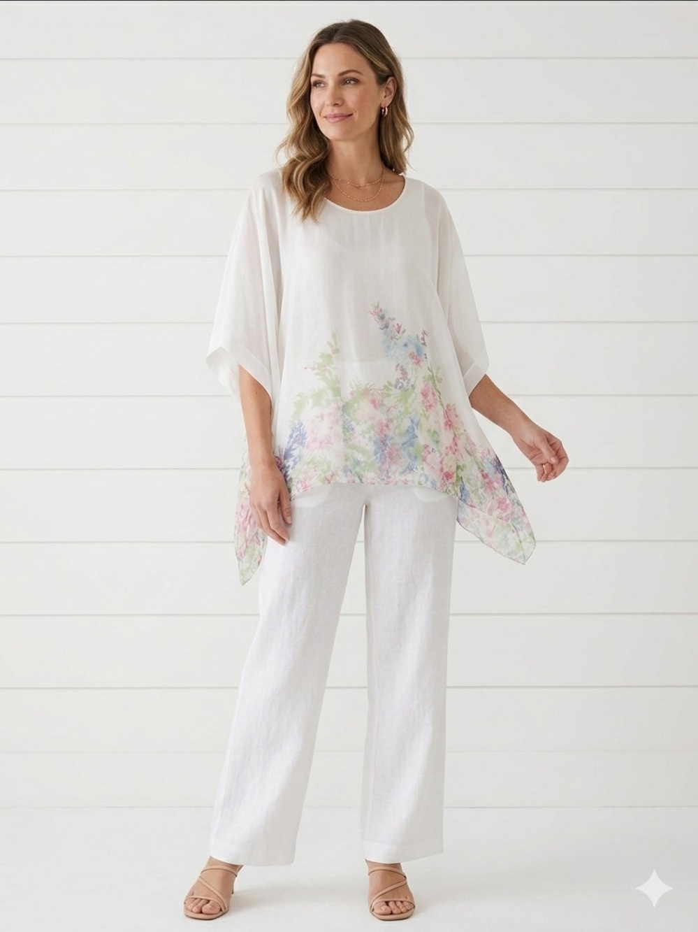 Elena Baldi Italy 100% Silk Floral Kaftan Blouse Coastal Grandmother Luxury M